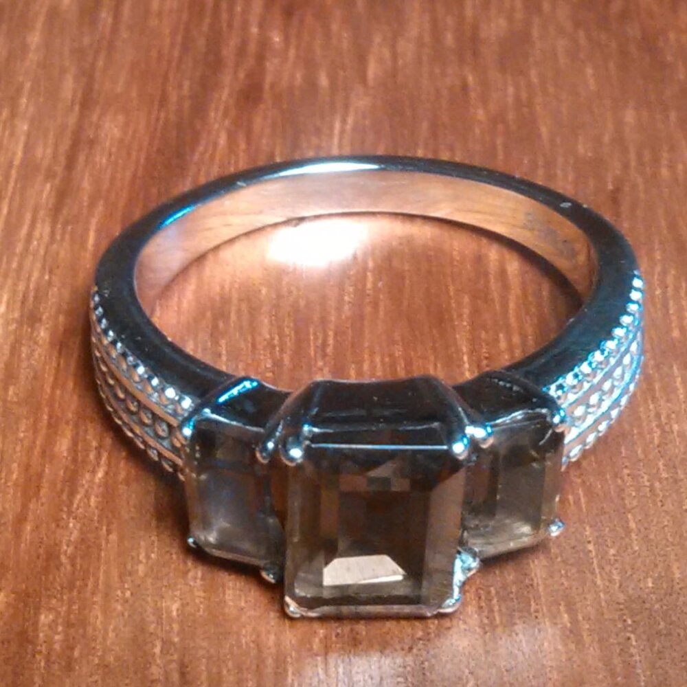 Brazilian Smokey Quartz Stainless Steel Three Stone Fancy Ring (Size 9)
